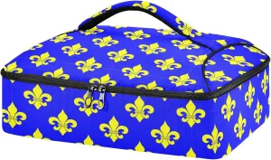 Gold Fleur De Lys Carnival Blue Insulated Casserole Carrier Mardi Gras Casserole Dish Carrier Lunch Tote Cold Food Carrier Bag Portable Leakproof for Potluck Party Picinc Beach