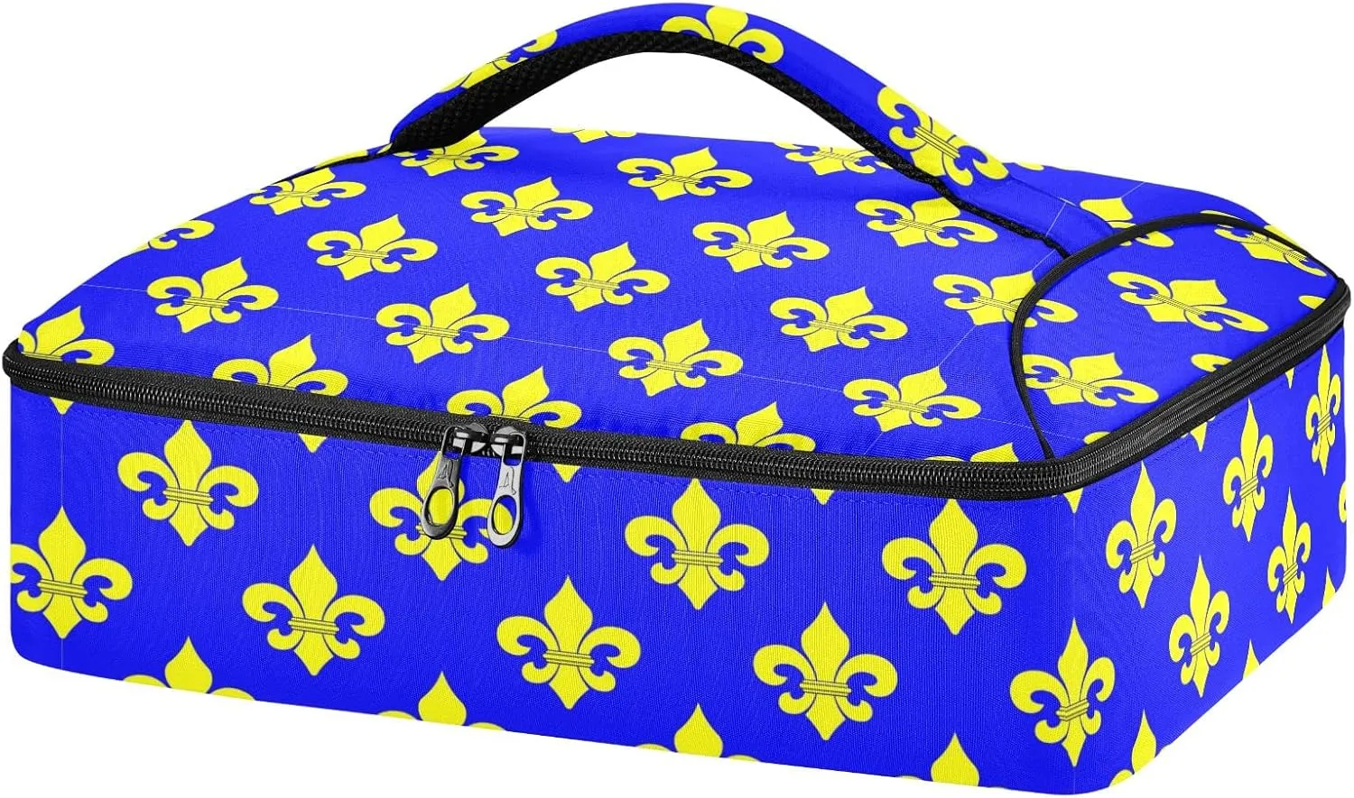 Gold Fleur De Lys Carnival Blue Insulated Casserole Carrier Mardi Gras Casserole Dish Carrier Lunch Tote Cold Food Carrier Bag Portable Leakproof for Potluck Party Picinc Beach