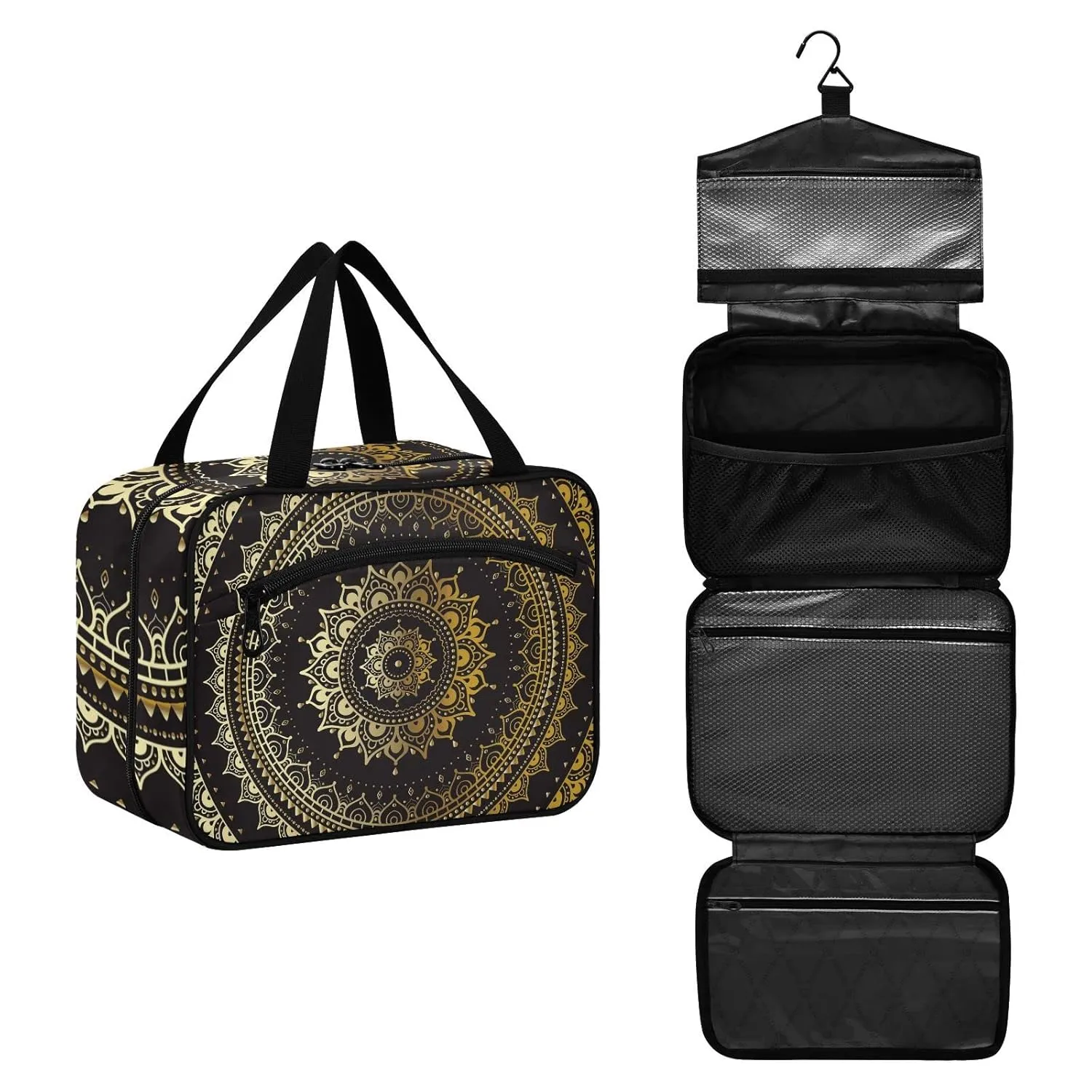 Gold Golden Indian Mandala Tribal Ethnic Circle Flower on Black 1 PC Hanging Travel Wash bag with Handles, Portable Makeup Organizer Brush Storage Case Portable Travel Cosmetic with Hook L