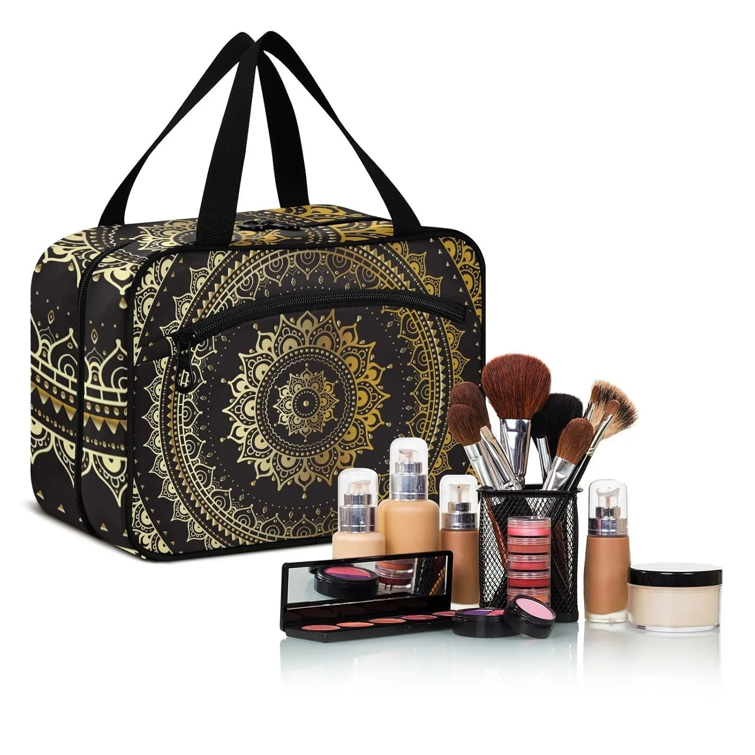 Gold Golden Indian Mandala Tribal Ethnic Circle Flower on Black 1 PC Hanging Travel Wash bag with Handles, Portable Makeup Organizer Brush Storage Case Portable Travel Cosmetic with Hook L