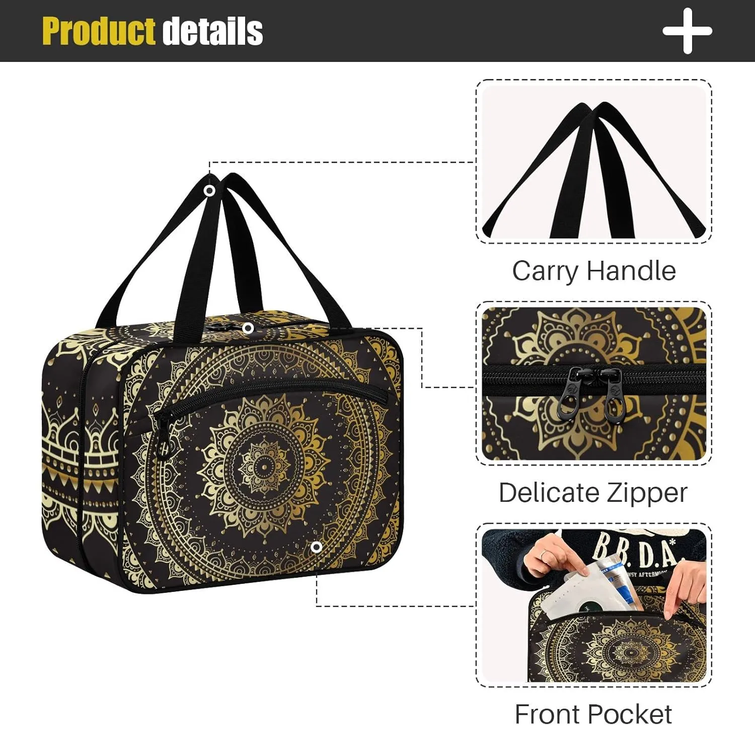 Gold Golden Indian Mandala Tribal Ethnic Circle Flower on Black 1 PC Hanging Travel Wash bag with Handles, Portable Makeup Organizer Brush Storage Case Portable Travel Cosmetic with Hook L