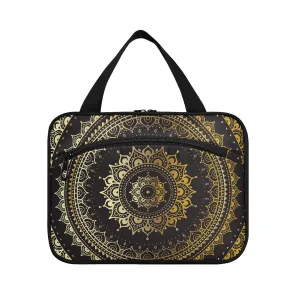 Gold Golden Indian Mandala Tribal Ethnic Circle Flower on Black 1 PC Hanging Travel Wash bag with Handles, Portable Makeup Organizer Brush Storage Case Portable Travel Cosmetic with Hook L