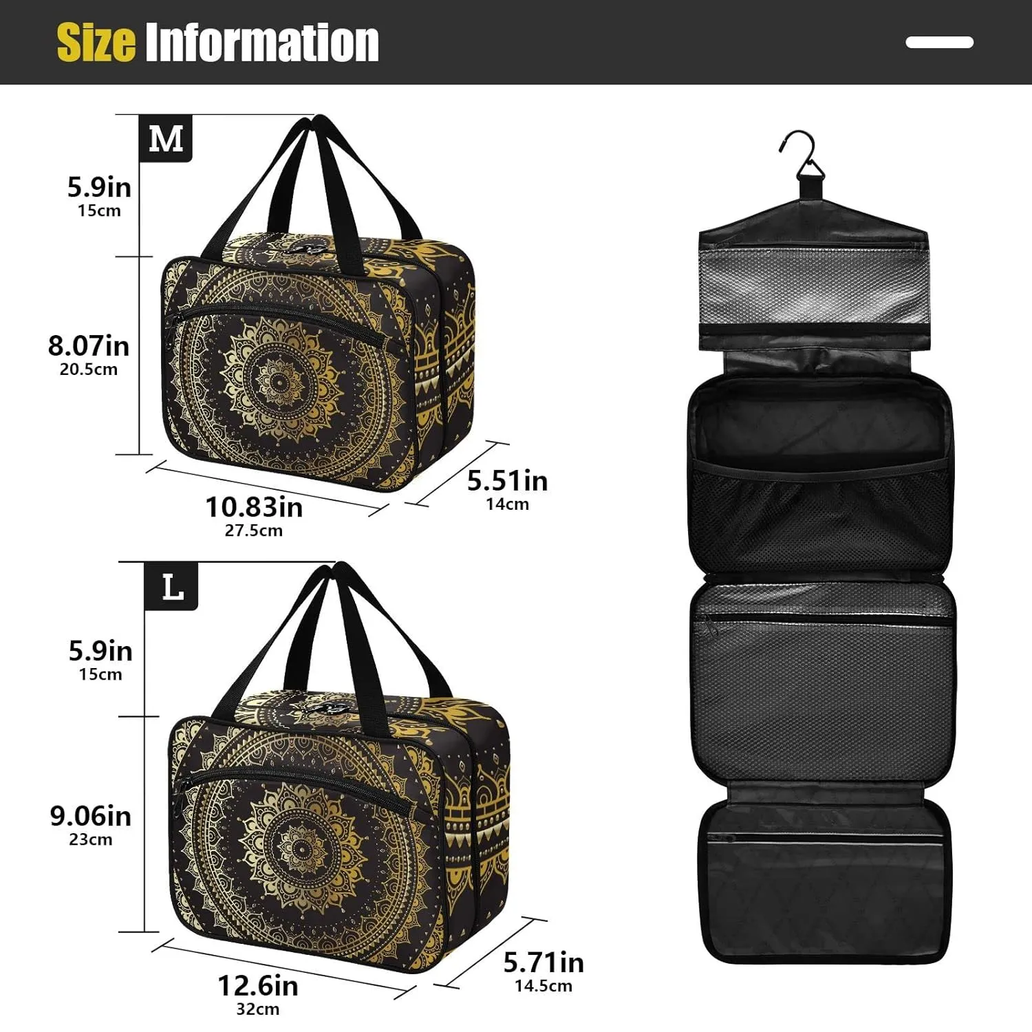 Gold Golden Indian Mandala Tribal Ethnic Circle Flower on Black 1 PC Hanging Travel Wash bag with Handles, Portable Makeup Organizer Brush Storage Case Portable Travel Cosmetic with Hook L