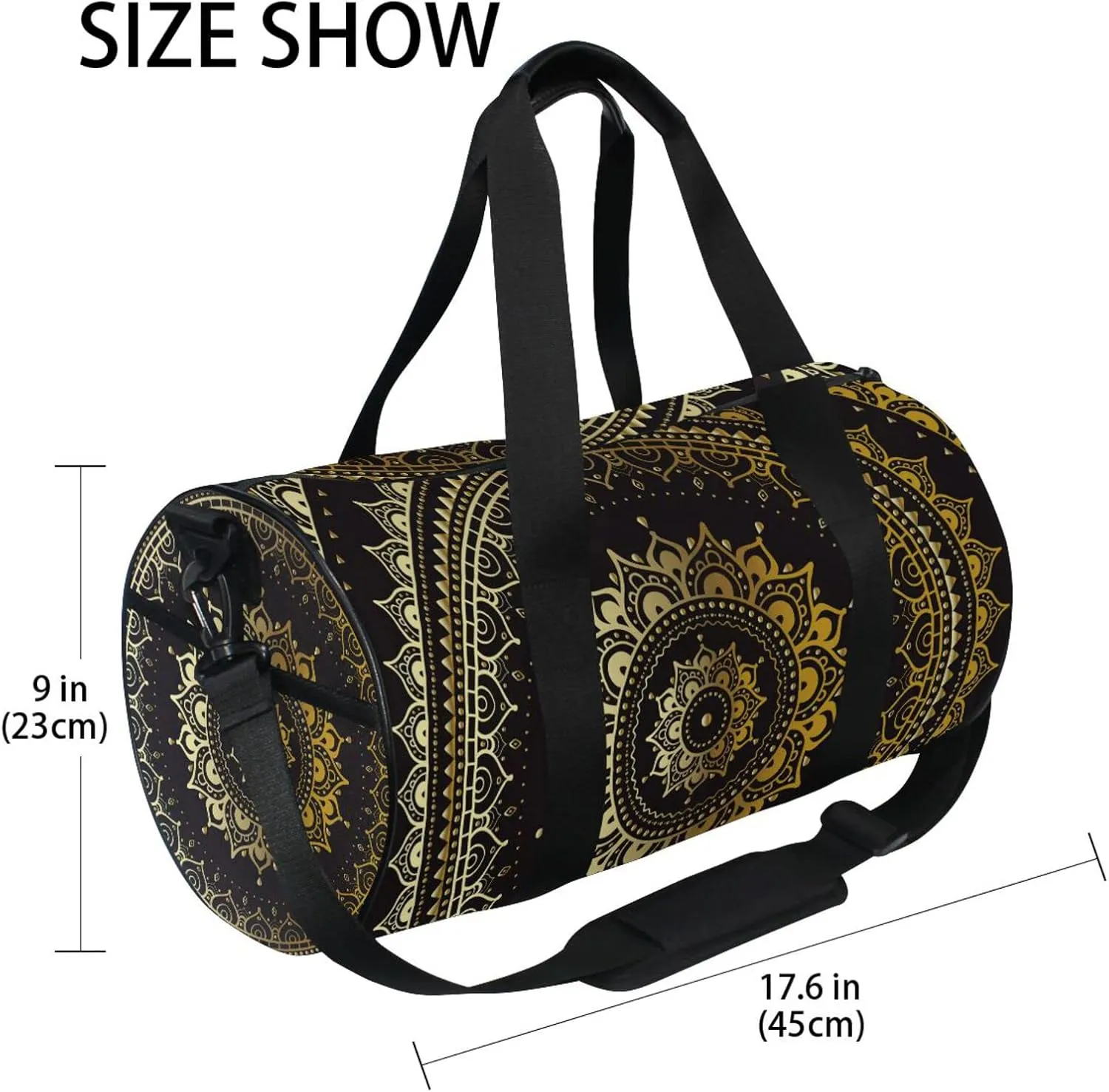 Gold Golden Indian Mandala Tribal Ethnic Circle Flower on Black Duffel Bag, Foldable Canvas Travel Tote for Gym Sports with Inner Pockets, Durable Lightweight Fitness Bag for Overnight Workout