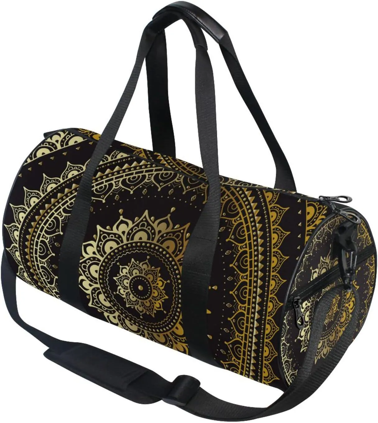 Gold Golden Indian Mandala Tribal Ethnic Circle Flower on Black Duffel Bag, Foldable Canvas Travel Tote for Gym Sports with Inner Pockets, Durable Lightweight Fitness Bag for Overnight Workout