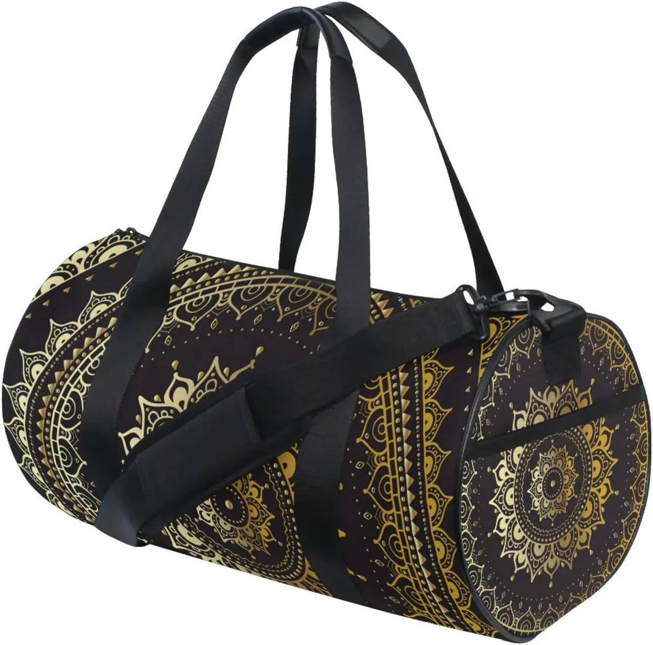 Gold Golden Indian Mandala Tribal Ethnic Circle Flower on Black Duffel Bag, Foldable Canvas Travel Tote for Gym Sports with Inner Pockets, Durable Lightweight Fitness Bag for Overnight Workout