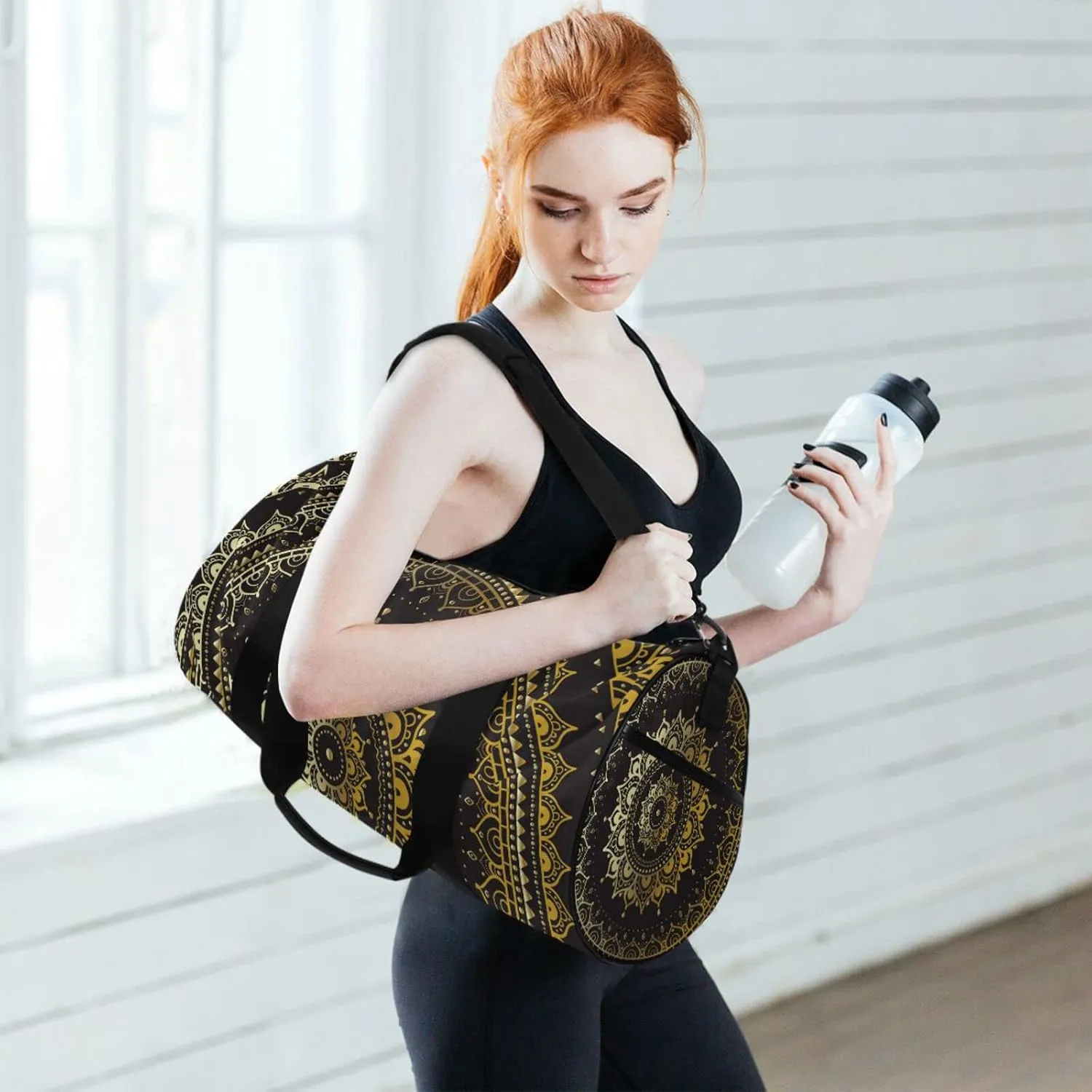Gold Golden Indian Mandala Tribal Ethnic Circle Flower on Black Duffel Bag, Foldable Canvas Travel Tote for Gym Sports with Inner Pockets, Durable Lightweight Fitness Bag for Overnight Workout