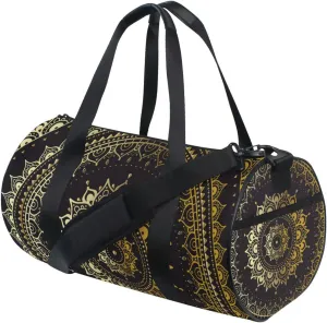 Gold Golden Indian Mandala Tribal Ethnic Circle Flower on Black Duffel Bag, Foldable Canvas Travel Tote for Gym Sports with Inner Pockets, Durable Lightweight Fitness Bag for Overnight Workout