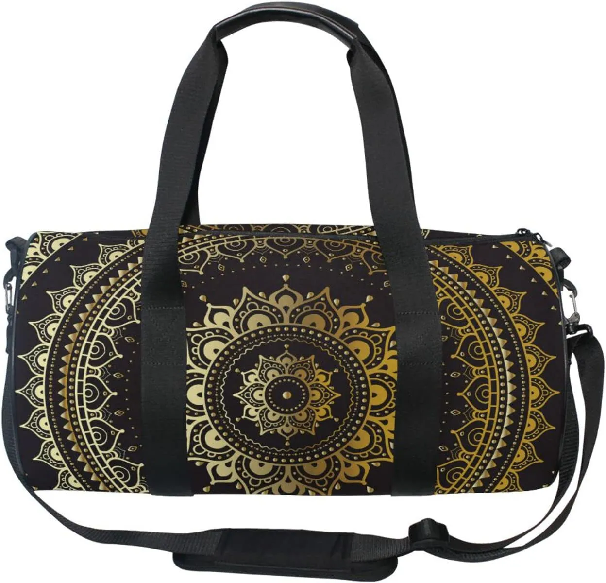 Gold Golden Indian Mandala Tribal Ethnic Circle Flower on Black Duffel Bag, Foldable Canvas Travel Tote for Gym Sports with Inner Pockets, Durable Lightweight Fitness Bag for Overnight Workout
