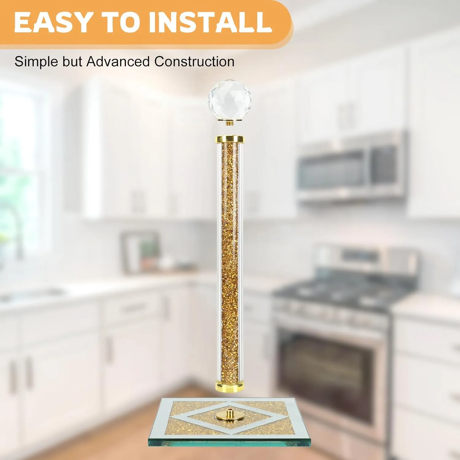 Gold Paper Towel Holder Stand, Countertop Paper Towel Roll Dispenser Holders with Cube Base, Tissue Countert Filled with Crystal Sparkly Crushed Diamonds House Decor for Kitchen Bathroom，Heavy Weight