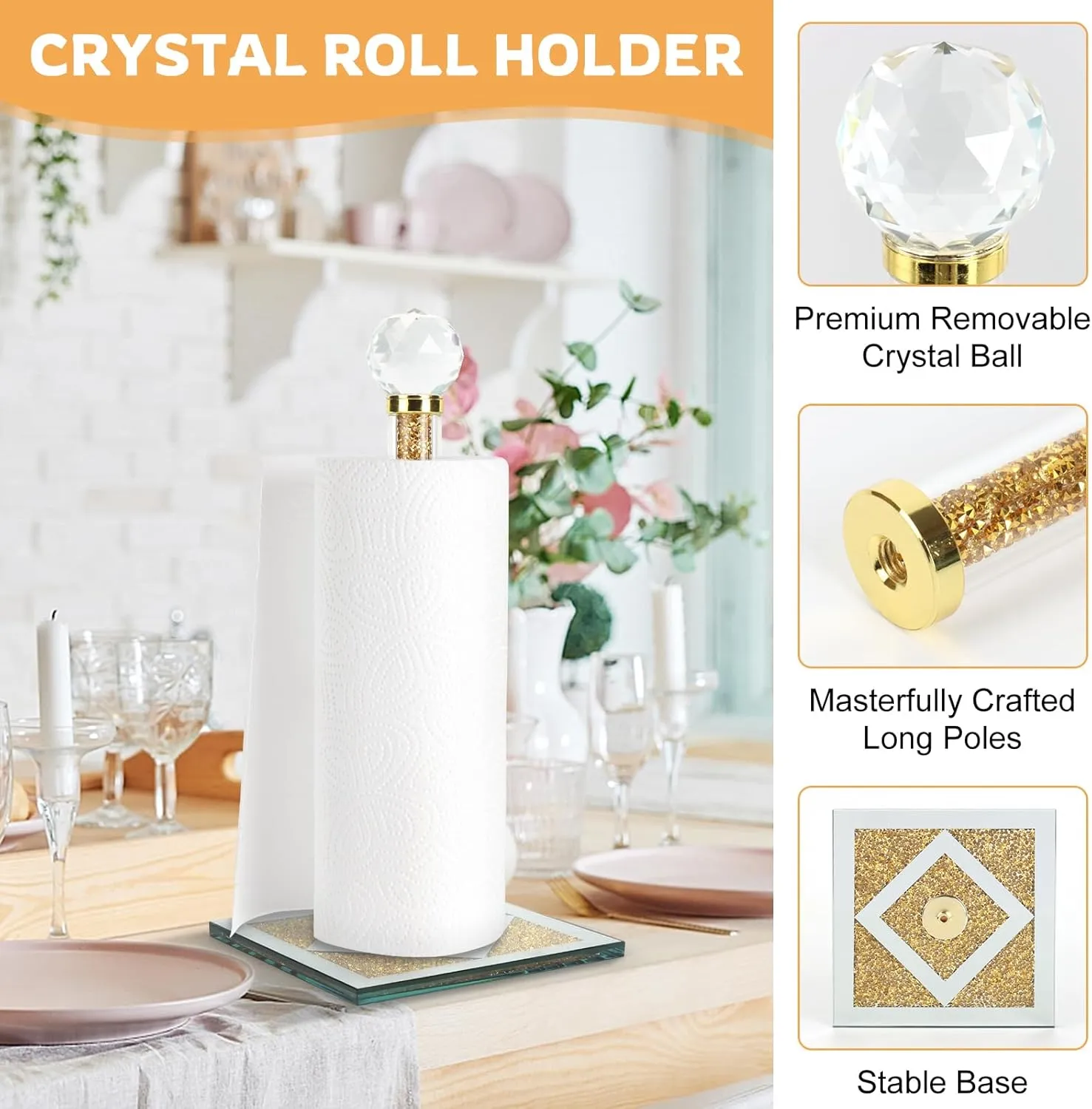 Gold Paper Towel Holder Stand, Countertop Paper Towel Roll Dispenser Holders with Cube Base, Tissue Countert Filled with Crystal Sparkly Crushed Diamonds House Decor for Kitchen Bathroom，Heavy Weight