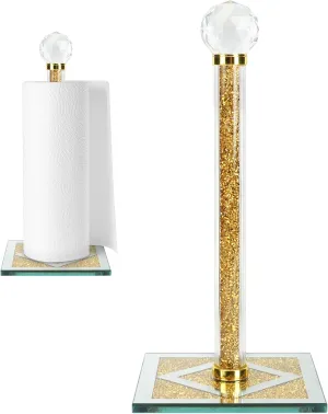 Gold Paper Towel Holder Stand, Countertop Paper Towel Roll Dispenser Holders with Cube Base, Tissue Countert Filled with Crystal Sparkly Crushed Diamonds House Decor for Kitchen Bathroom，Heavy Weight