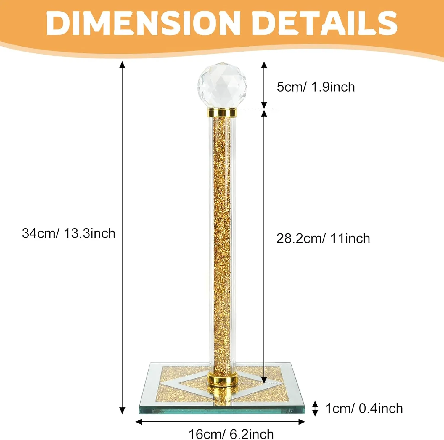 Gold Paper Towel Holder Stand, Countertop Paper Towel Roll Dispenser Holders with Cube Base, Tissue Countert Filled with Crystal Sparkly Crushed Diamonds House Decor for Kitchen Bathroom，Heavy Weight
