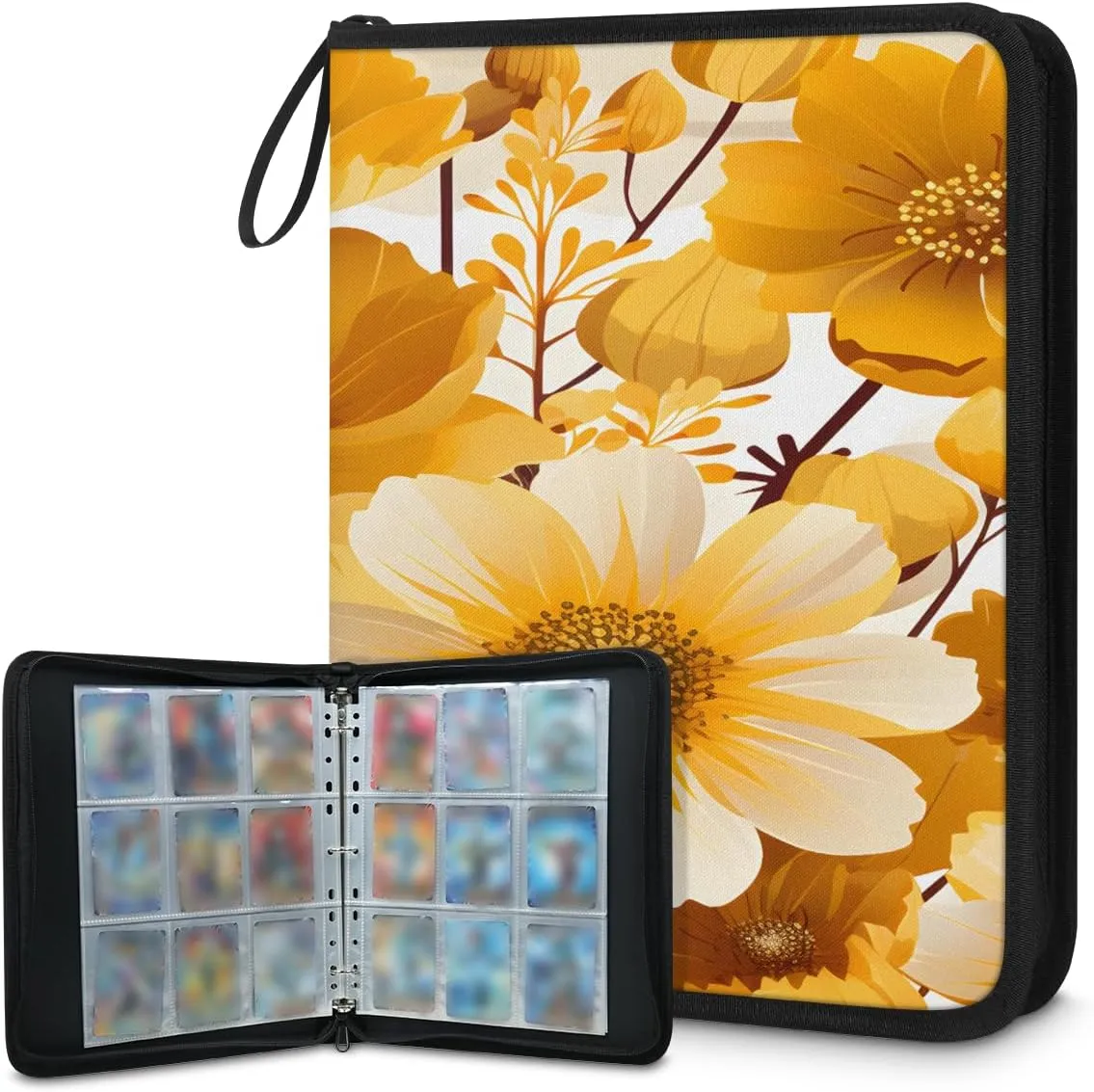 Golden Flower Sunflower 3 Ring Trading Zipper Binder Strap, Trading Card Binder 4 Pocket, 400 Pockets Card Holder with 50 Removable Sleeves for Game Cards