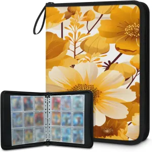 Golden Flower Sunflower 3 Ring Trading Zipper Binder Strap, Trading Card Binder 4 Pocket, 400 Pockets Card Holder with 50 Removable Sleeves for Game Cards
