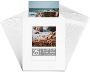 Golden State Art, 25 Pack 8x10 White Cardboard Frame for 5x7 Photo, Thick Paper Frame, Pre-Adhesive Mat with Backing Board, Includes 25 Clear Bags, Acid Free, For Photo Storage, Display And Mailing
