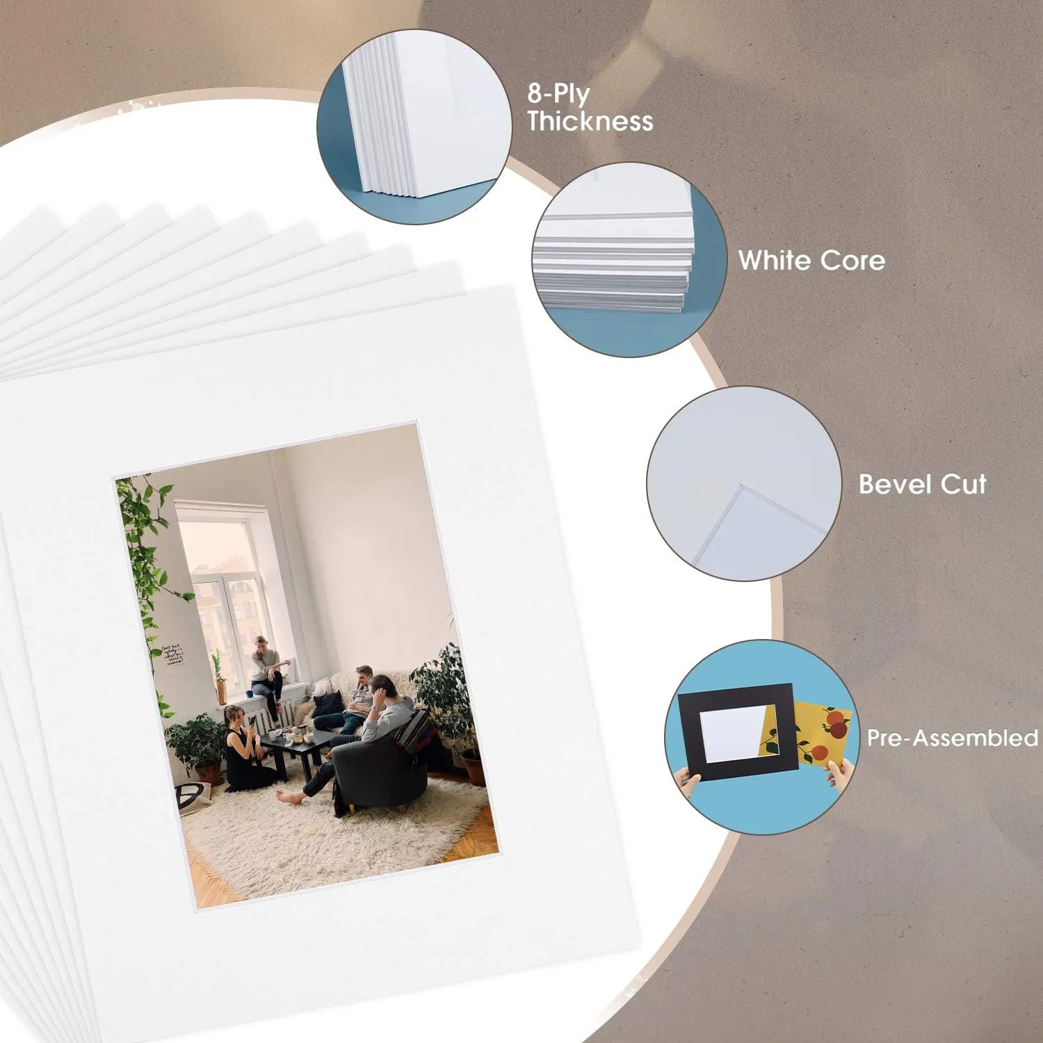 Golden State Art, 25 Pack 8x10 White Cardboard Frame for 5x7 Photo, Thick Paper Frame, Pre-Adhesive Mat with Backing Board, Includes 25 Clear Bags, Acid Free, For Photo Storage, Display And Mailing