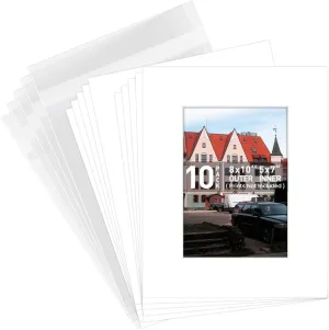 Golden State Art, 8x10 White Picture Mats with White Core Bevel Cut for 5x7 Pictures (Pack of 10 Mats   Backing  Bags)