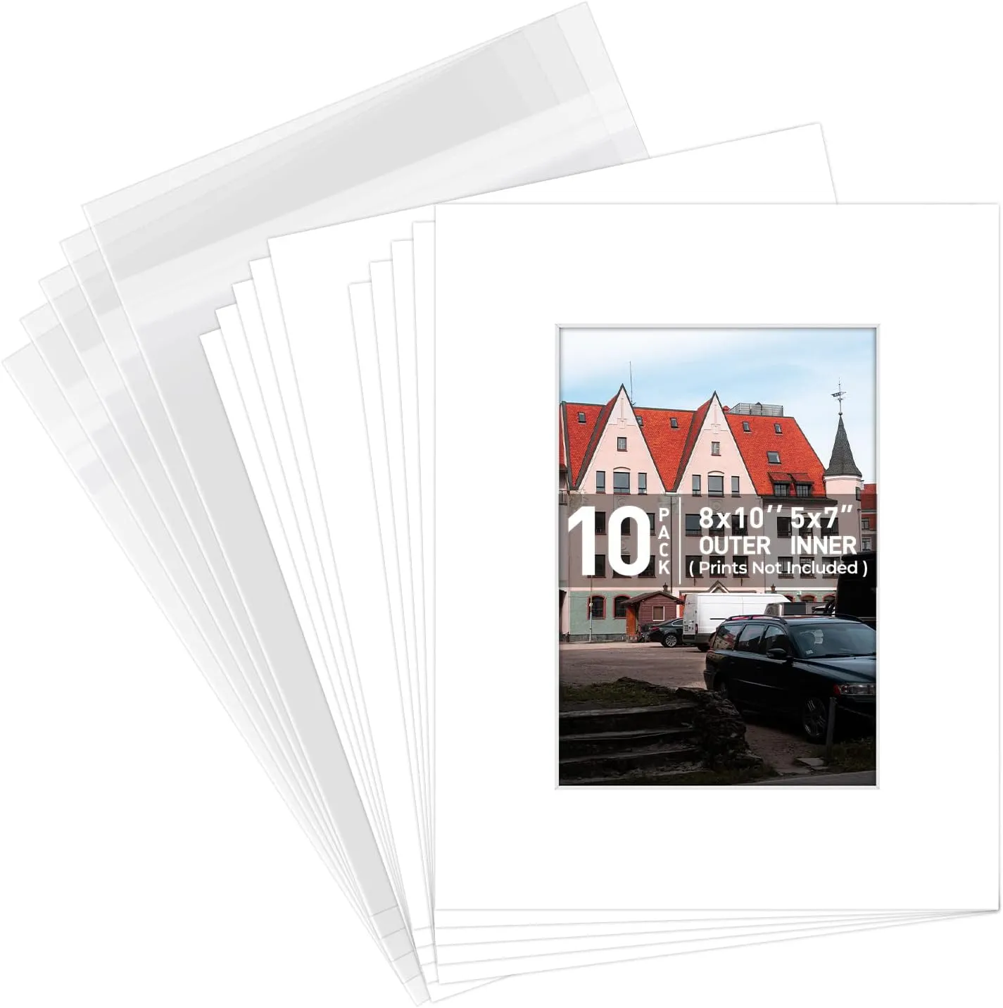 Golden State Art, 8x10 White Picture Mats with White Core Bevel Cut for 5x7 Pictures (Pack of 10 Mats   Backing  Bags)