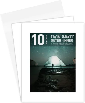 Golden State Art, White Pre-Cut 11x14 Picture Mat for 8.5x11 Photo, with Acid Free White Core Matte Sets. Includes 10 Bevel Cut Mattes, Backing Backers Board & Clear Bags (Complete Set, 10-Pack)