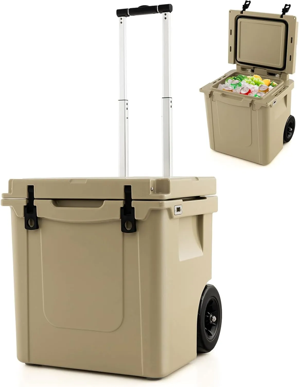 Goplus Cooler with Wheels, Insulated Large Ice Chest with Portable Handles, Cup Holders, Leak-Proof Tight Latches, 5-7-day Ice Retention, Heavy Duty Hard Coolers for Beach Picnic Camping Boat