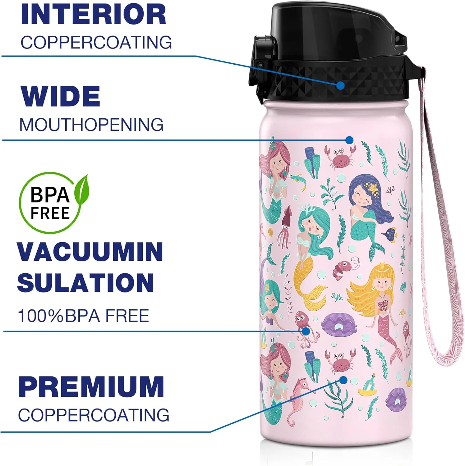 GOPPUS Kids Water Bottle (Straw Lid) - 18 Oz Stainless Steel Travel Bottle, Double Wall Vacuum Leak Proof Kids Cup for School Boys Girls,Happy Mermaids