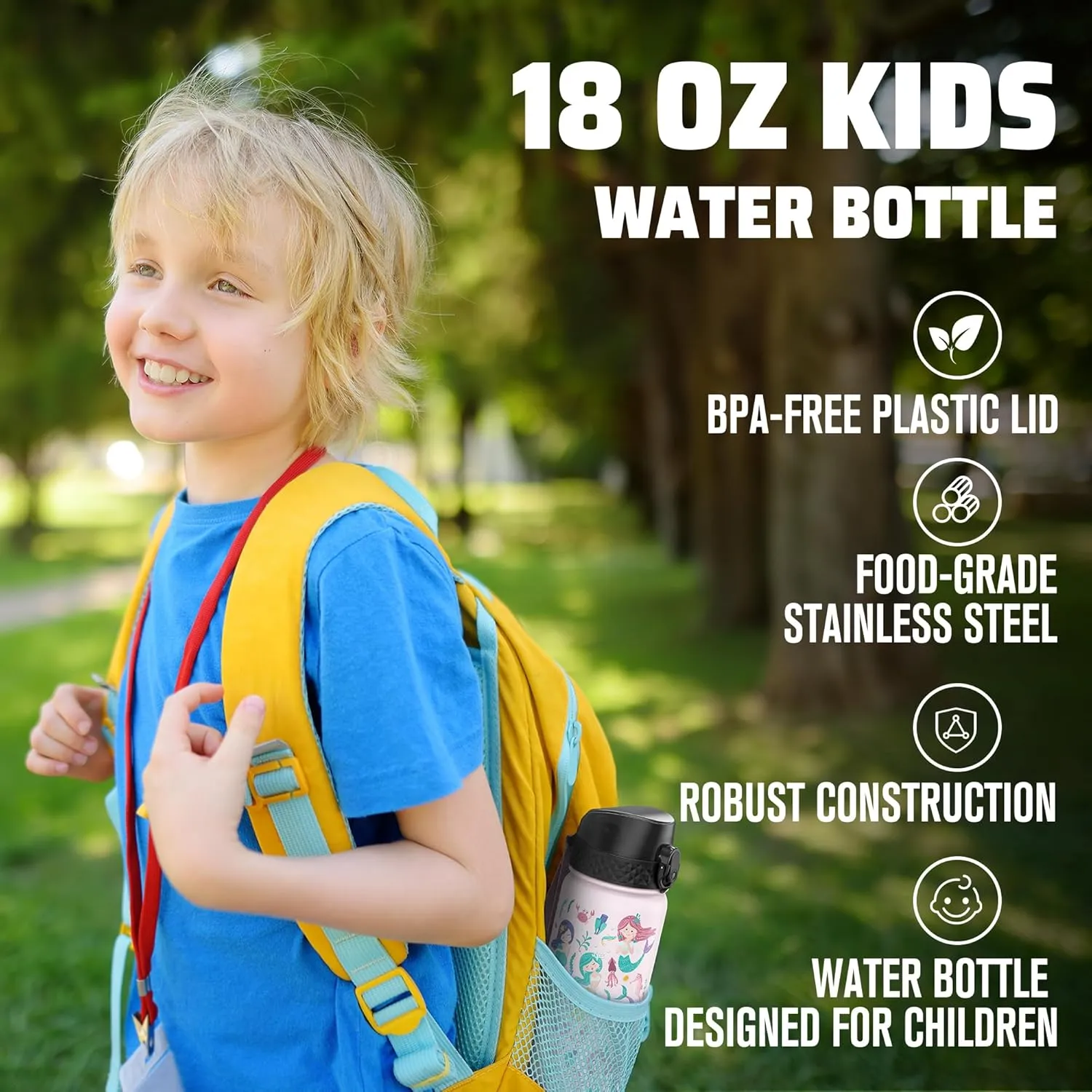 GOPPUS Kids Water Bottle (Straw Lid) - 18 Oz Stainless Steel Travel Bottle, Double Wall Vacuum Leak Proof Kids Cup for School Boys Girls,Happy Mermaids