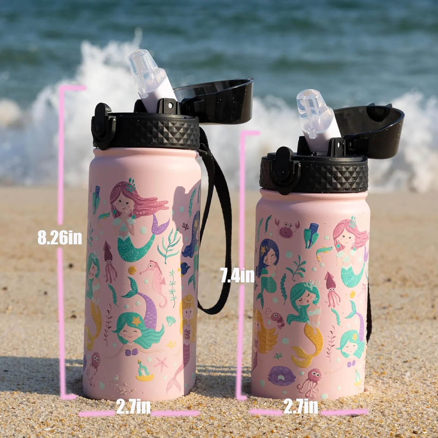 GOPPUS Kids Water Bottle (Straw Lid) - 18 Oz Stainless Steel Travel Bottle, Double Wall Vacuum Leak Proof Kids Cup for School Boys Girls,Happy Mermaids