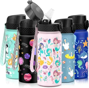 GOPPUS Kids Water Bottle (Straw Lid) - 18 Oz Stainless Steel Travel Bottle, Double Wall Vacuum Leak Proof Kids Cup for School Boys Girls,Happy Mermaids
