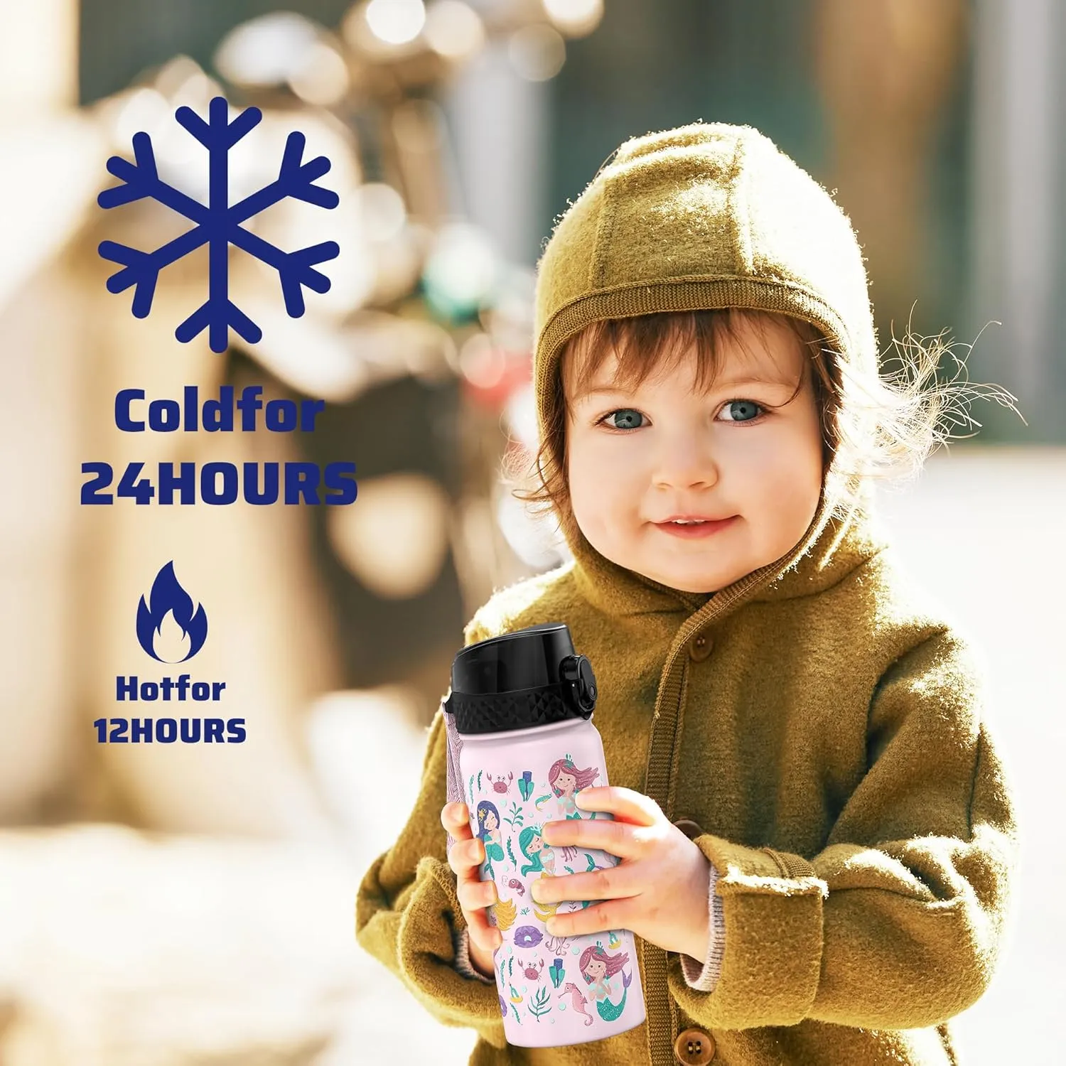 GOPPUS Kids Water Bottle (Straw Lid) - 18 Oz Stainless Steel Travel Bottle, Double Wall Vacuum Leak Proof Kids Cup for School Boys Girls,Happy Mermaids
