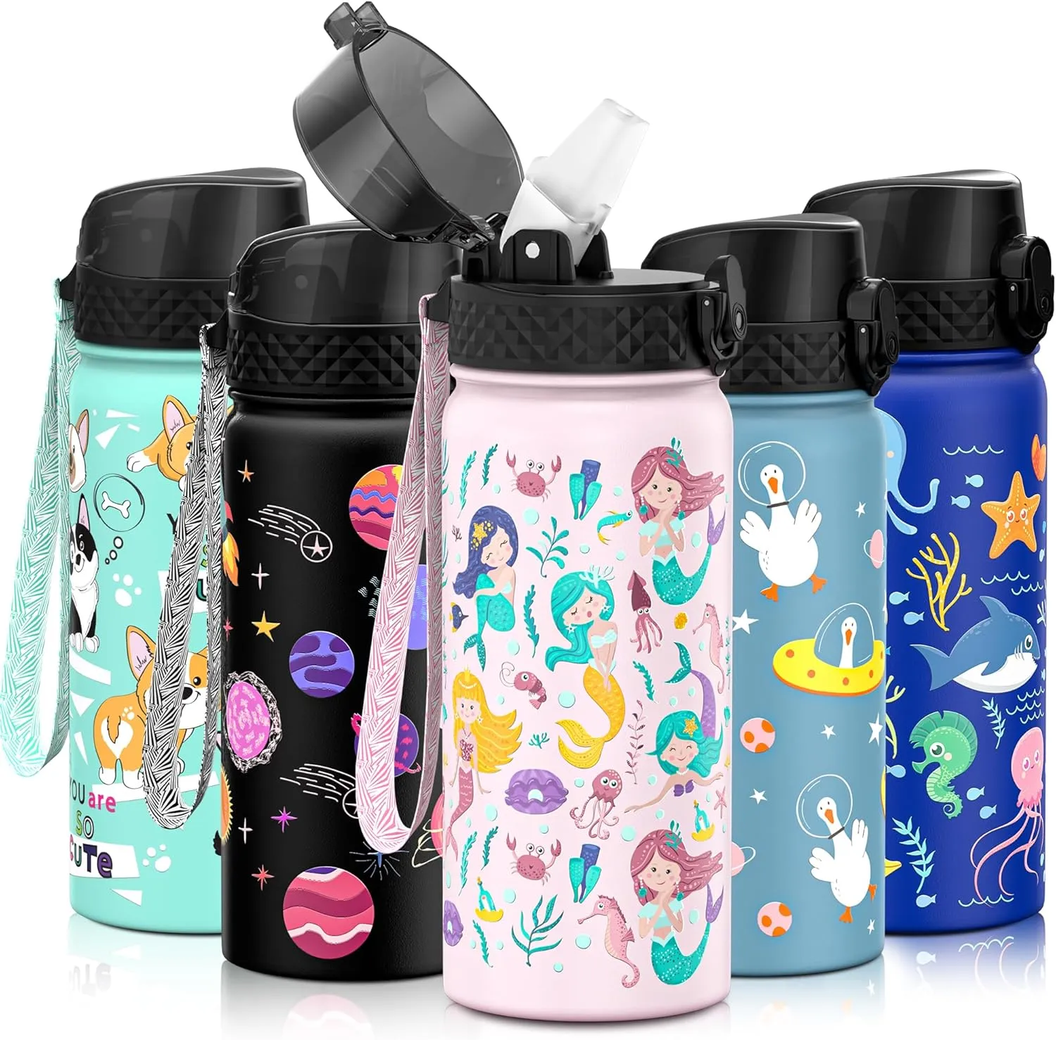 GOPPUS Kids Water Bottle (Straw Lid) - 18 Oz Stainless Steel Travel Bottle, Double Wall Vacuum Leak Proof Kids Cup for School Boys Girls,Happy Mermaids