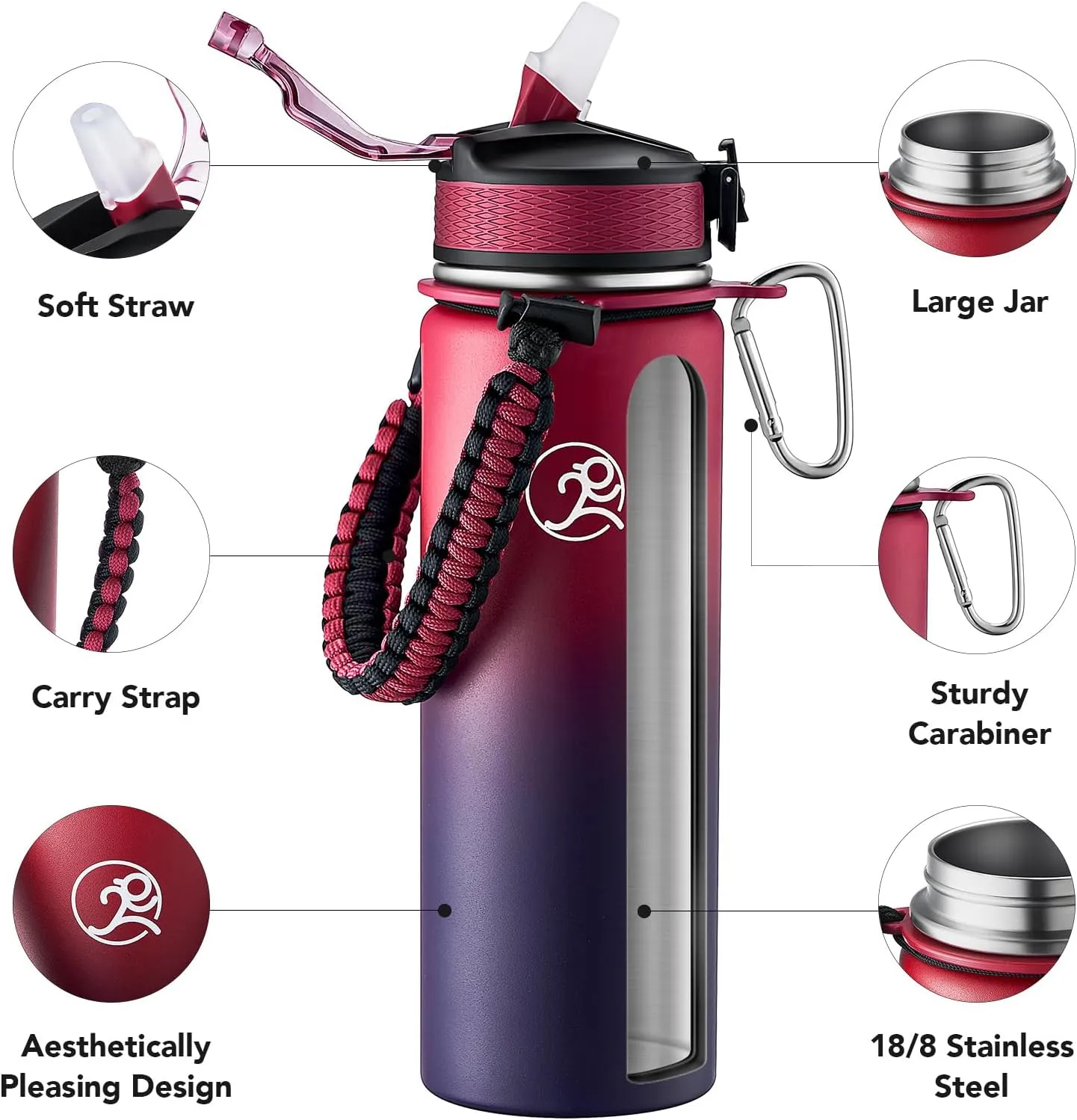 GOSWAG Insulated Sports Water Bottle, 24oz 2 Lids(with Straw/No Straw), Stainless Steel Water Bottles with Paracord Handle, Insulated Thermos with Double-Wall Vacuum Insulation