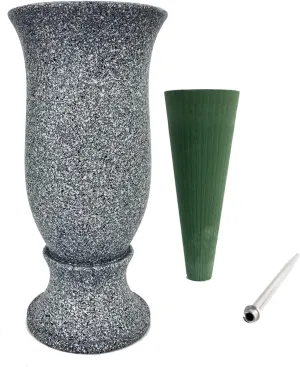 Grave Decorations for Cemetery Vase for Flowers with Stakes and Floral Foam, Draining Holes - for Garden, Grave,Cemetery,Lawn, Yard - Memorial Grave Decorations - Nature Granite Colour