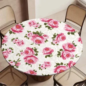 Green Light Pink Round Table Cloth with Elastic Edged Watercolor Rose Flower Leaves Romantic Elastic Edge, Waterproof and wipeable Floral Fit for 40"-43" Table