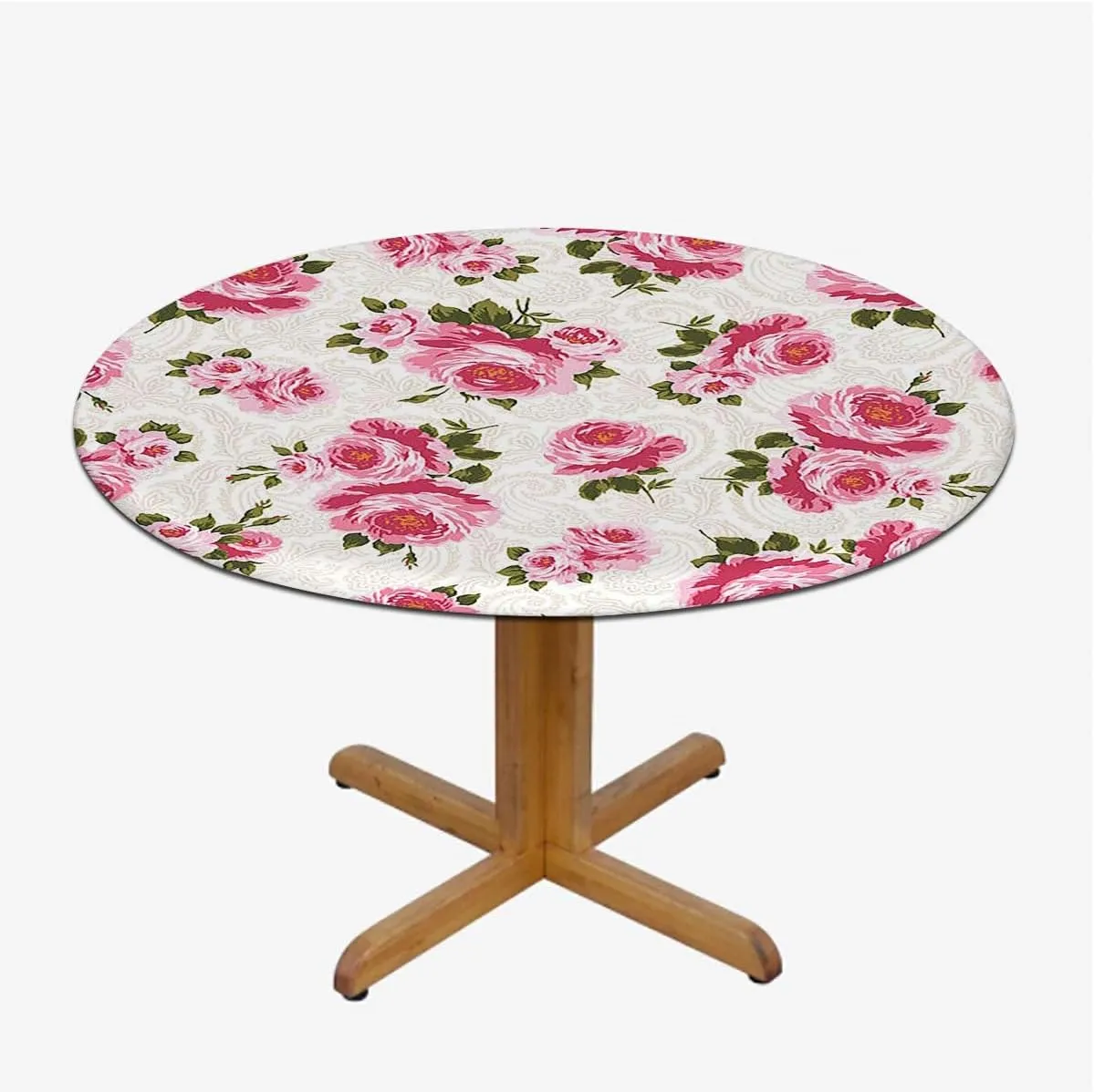 Green Light Pink Round Table Cloth with Elastic Edged Watercolor Rose Flower Leaves Romantic Elastic Edge, Waterproof and wipeable Floral Fit for 40"-43" Table