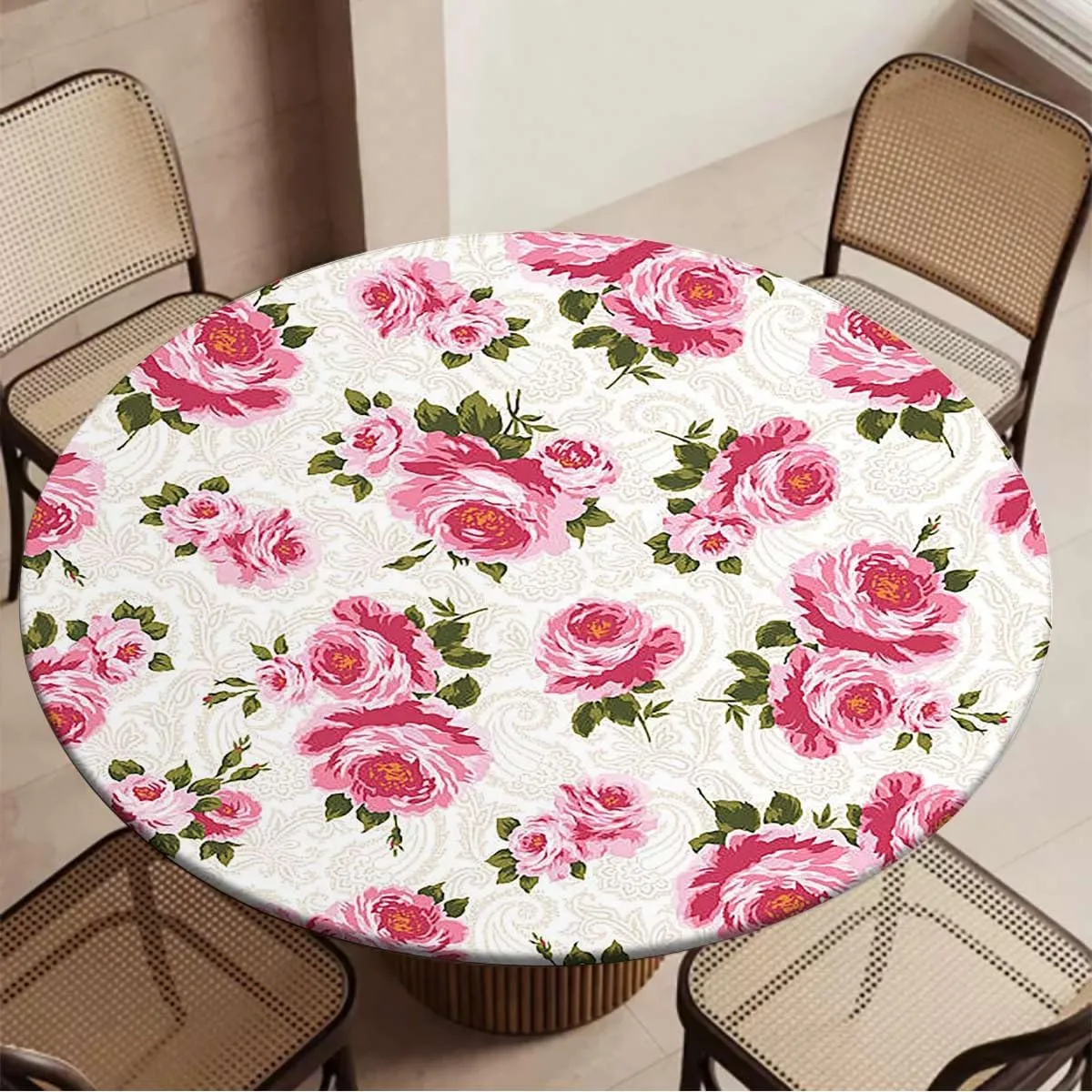 Green Light Pink Round Table Cloth with Elastic Edged Watercolor Rose Flower Leaves Romantic Elastic Edge, Waterproof and wipeable Floral Fit for 40"-43" Table