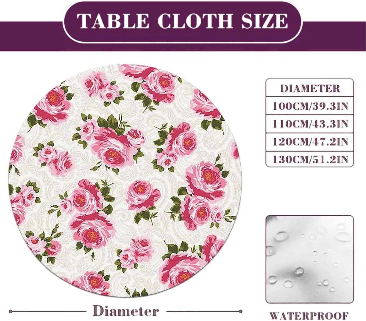 Green Light Pink Round Table Cloth with Elastic Edged Watercolor Rose Flower Leaves Romantic Elastic Edge, Waterproof and wipeable Floral Fit for 40"-43" Table
