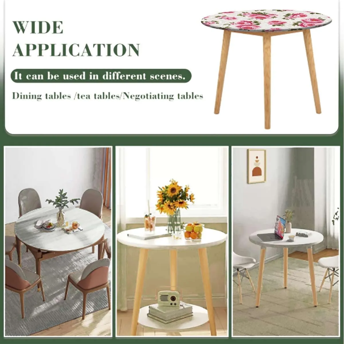 Green Light Pink Round Table Cloth with Elastic Edged Watercolor Rose Flower Leaves Romantic Elastic Edge, Waterproof and wipeable Floral Fit for 40"-43" Table