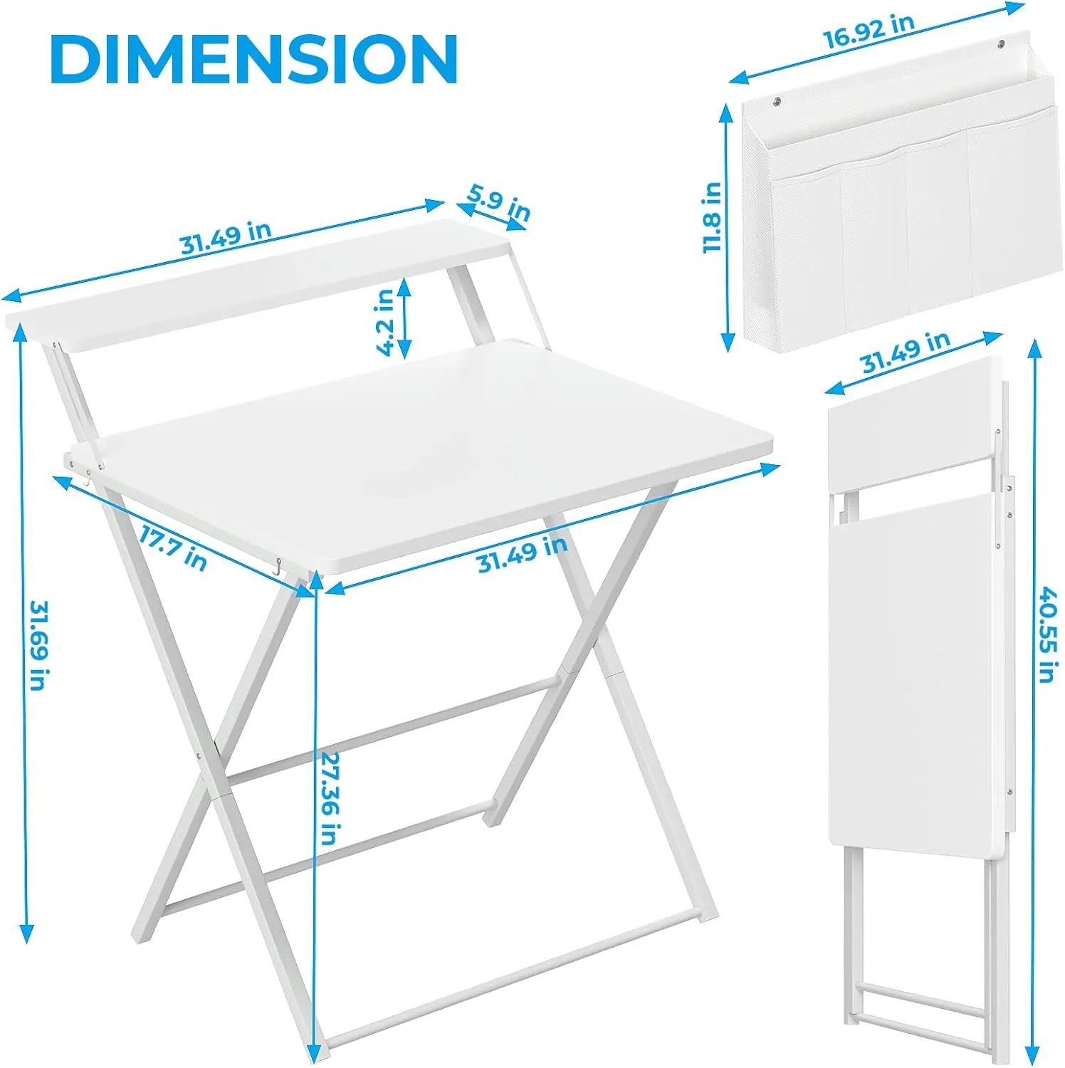 GreenForest Folding Desk for Small Spaces, 31.5 inch Foldable Table with Storage Bag, 2-Tier Portable Computer Desk with Monitor Stand for Home Bedroom, Pure White