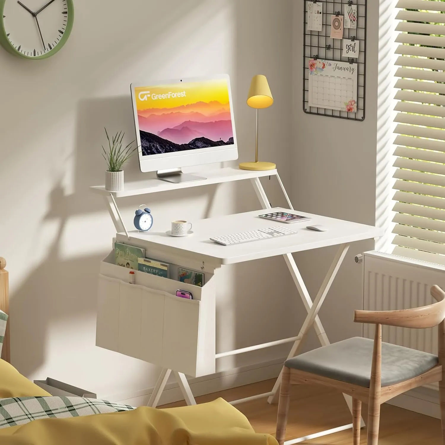 GreenForest Folding Desk for Small Spaces, 31.5 inch Foldable Table with Storage Bag, 2-Tier Portable Computer Desk with Monitor Stand for Home Bedroom, Pure White