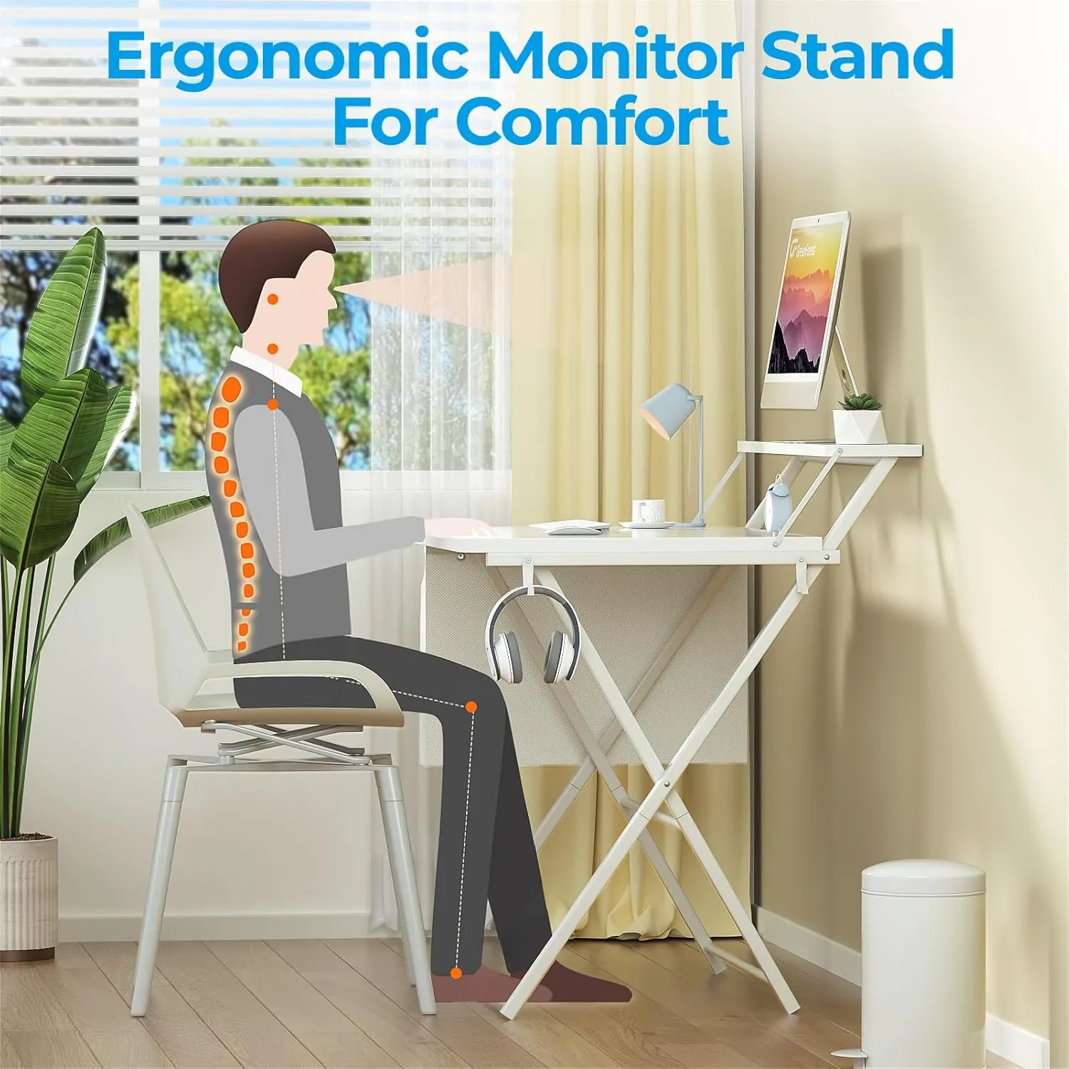 GreenForest Folding Desk for Small Spaces, 31.5 inch Foldable Table with Storage Bag, 2-Tier Portable Computer Desk with Monitor Stand for Home Bedroom, Pure White
