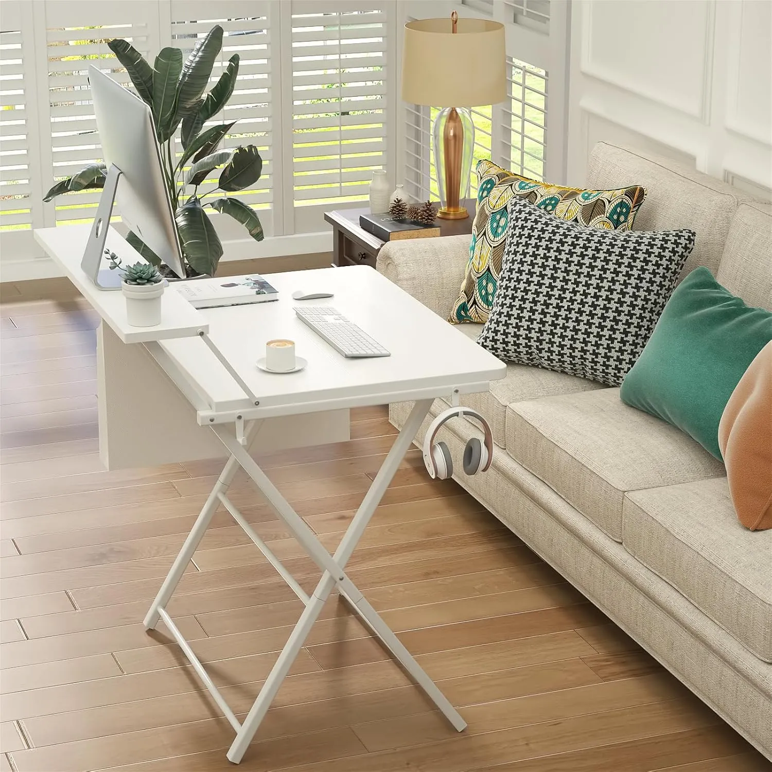 GreenForest Folding Desk for Small Spaces, 31.5 inch Foldable Table with Storage Bag, 2-Tier Portable Computer Desk with Monitor Stand for Home Bedroom, Pure White