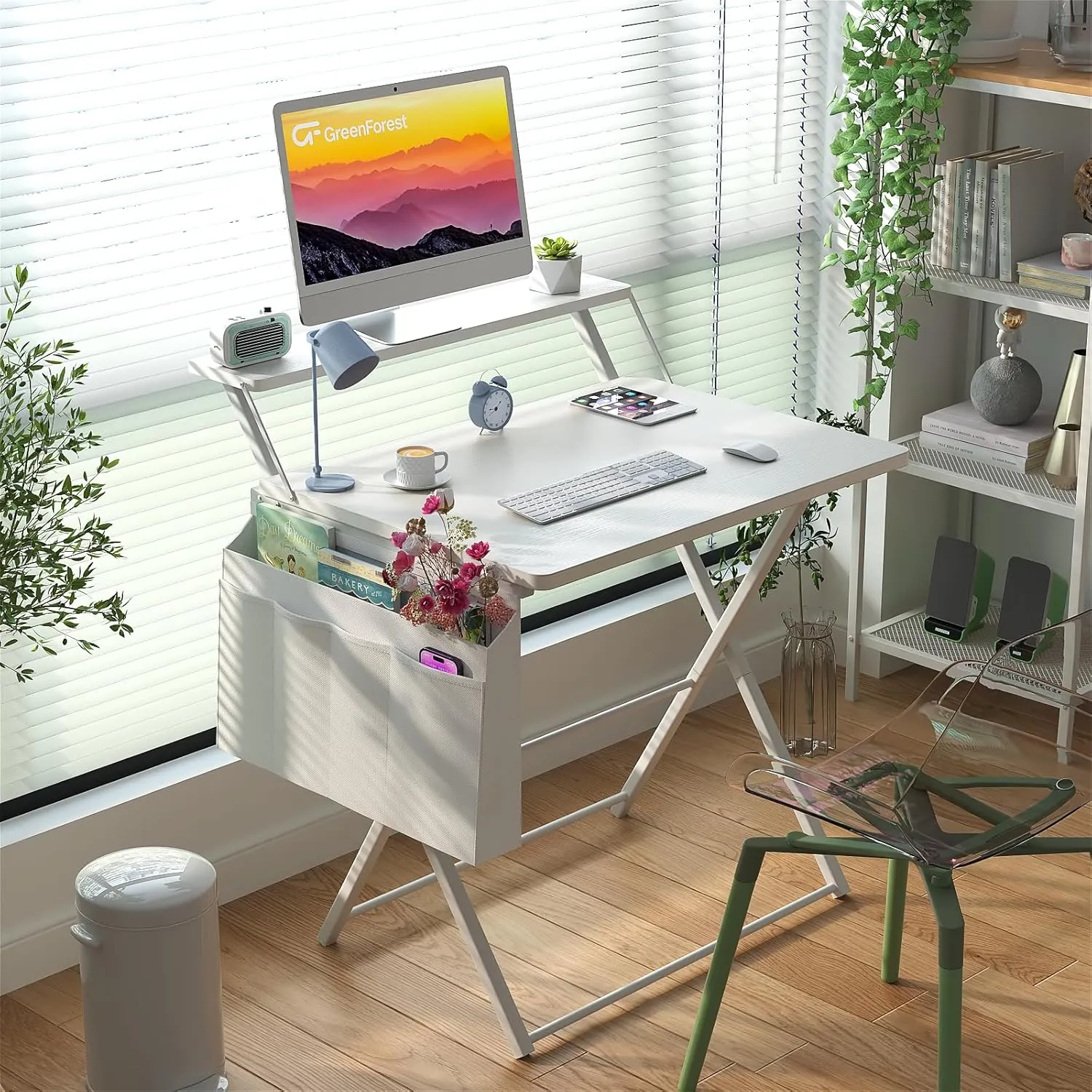 GreenForest Folding Desk for Small Spaces, 31.5 inch Foldable Table with Storage Bag, 2-Tier Portable Computer Desk with Monitor Stand for Home Bedroom, Pure White