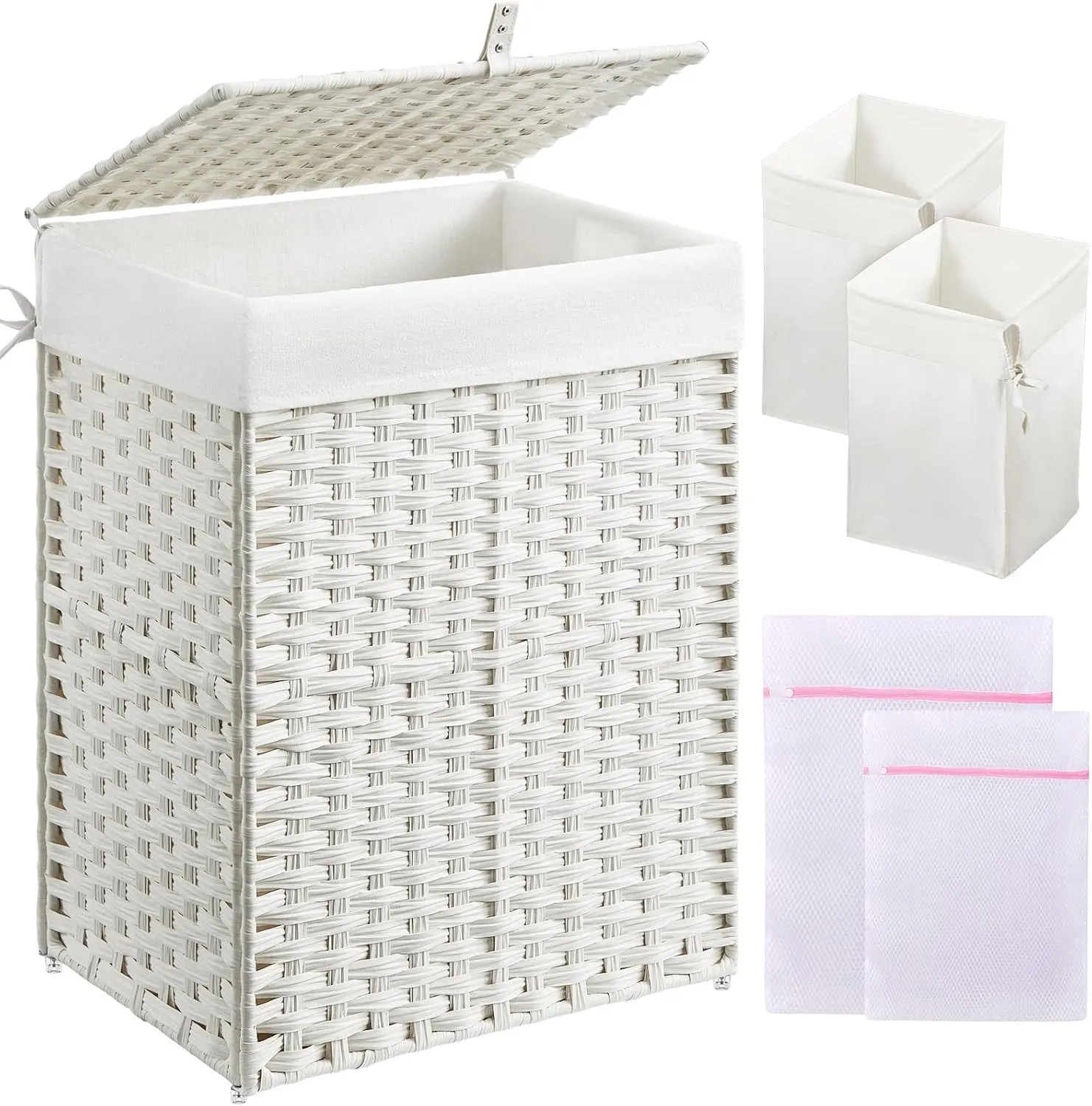 Greenstell Laundry Hamper with Lid, 90L Clothes Hamper with 2 Removable Liner Bags & 2 Mesh Laundry Bags, Handwoven Synthetic Rattan Laundry Basket for Clothes, Toys in Bathroom, Bedroom White