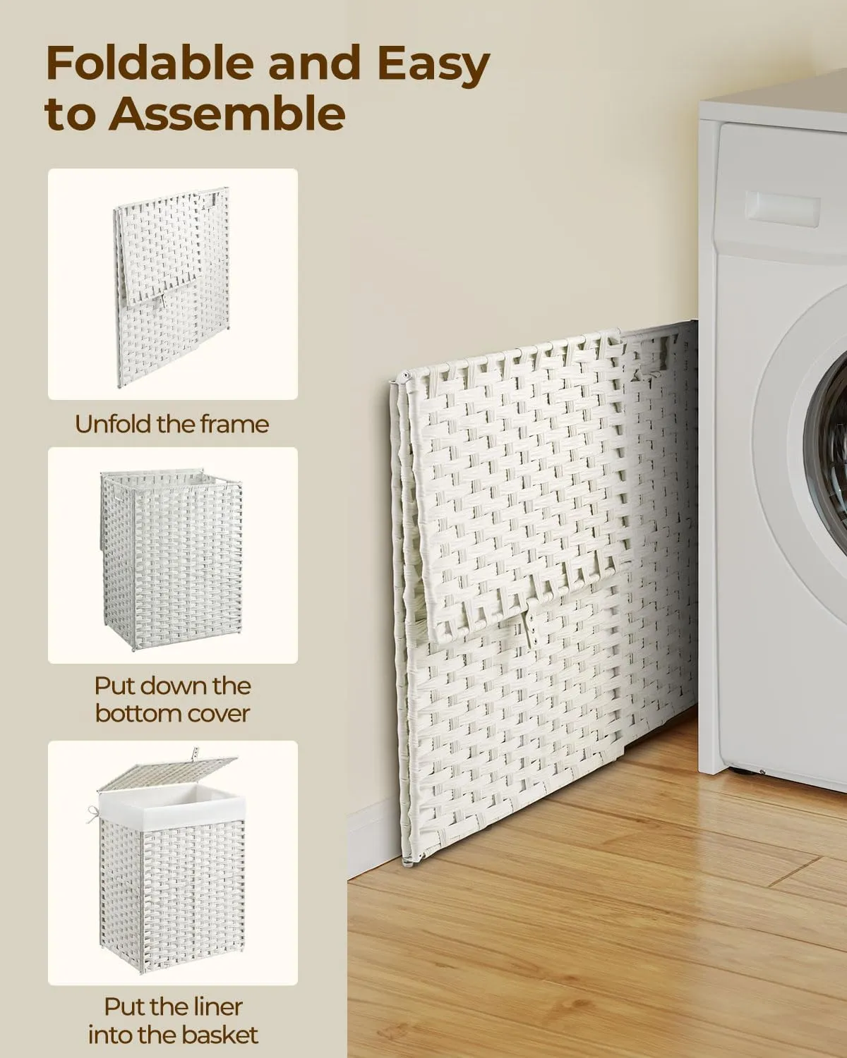 Greenstell Laundry Hamper with Lid, 90L Clothes Hamper with 2 Removable Liner Bags & 2 Mesh Laundry Bags, Handwoven Synthetic Rattan Laundry Basket for Clothes, Toys in Bathroom, Bedroom White