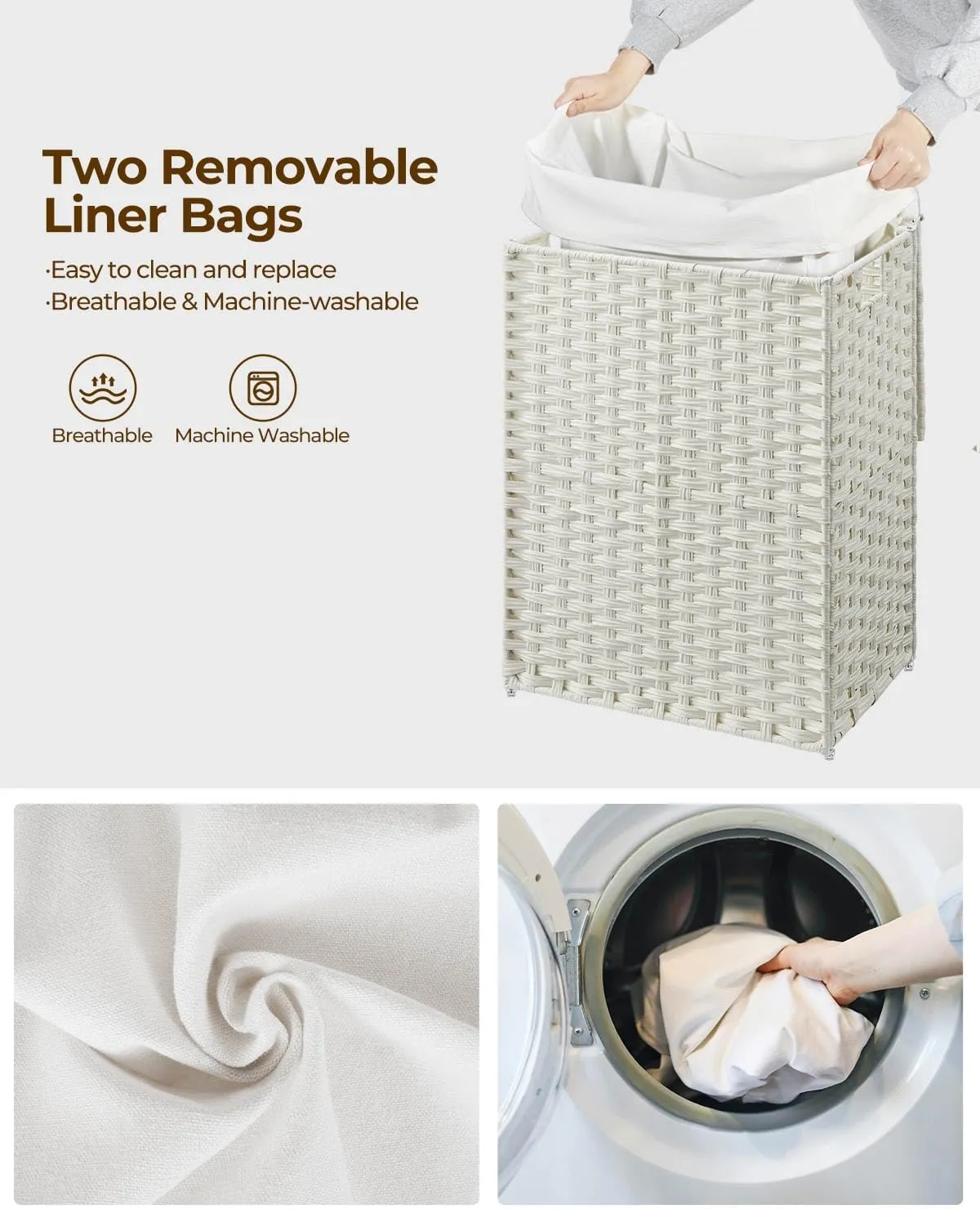 Greenstell Laundry Hamper with Lid, 90L Clothes Hamper with 2 Removable Liner Bags & 2 Mesh Laundry Bags, Handwoven Synthetic Rattan Laundry Basket for Clothes, Toys in Bathroom, Bedroom White