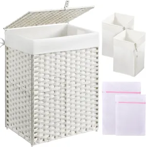 Greenstell Laundry Hamper with Lid, 90L Clothes Hamper with 2 Removable Liner Bags & 2 Mesh Laundry Bags, Handwoven Synthetic Rattan Laundry Basket for Clothes, Toys in Bathroom, Bedroom White