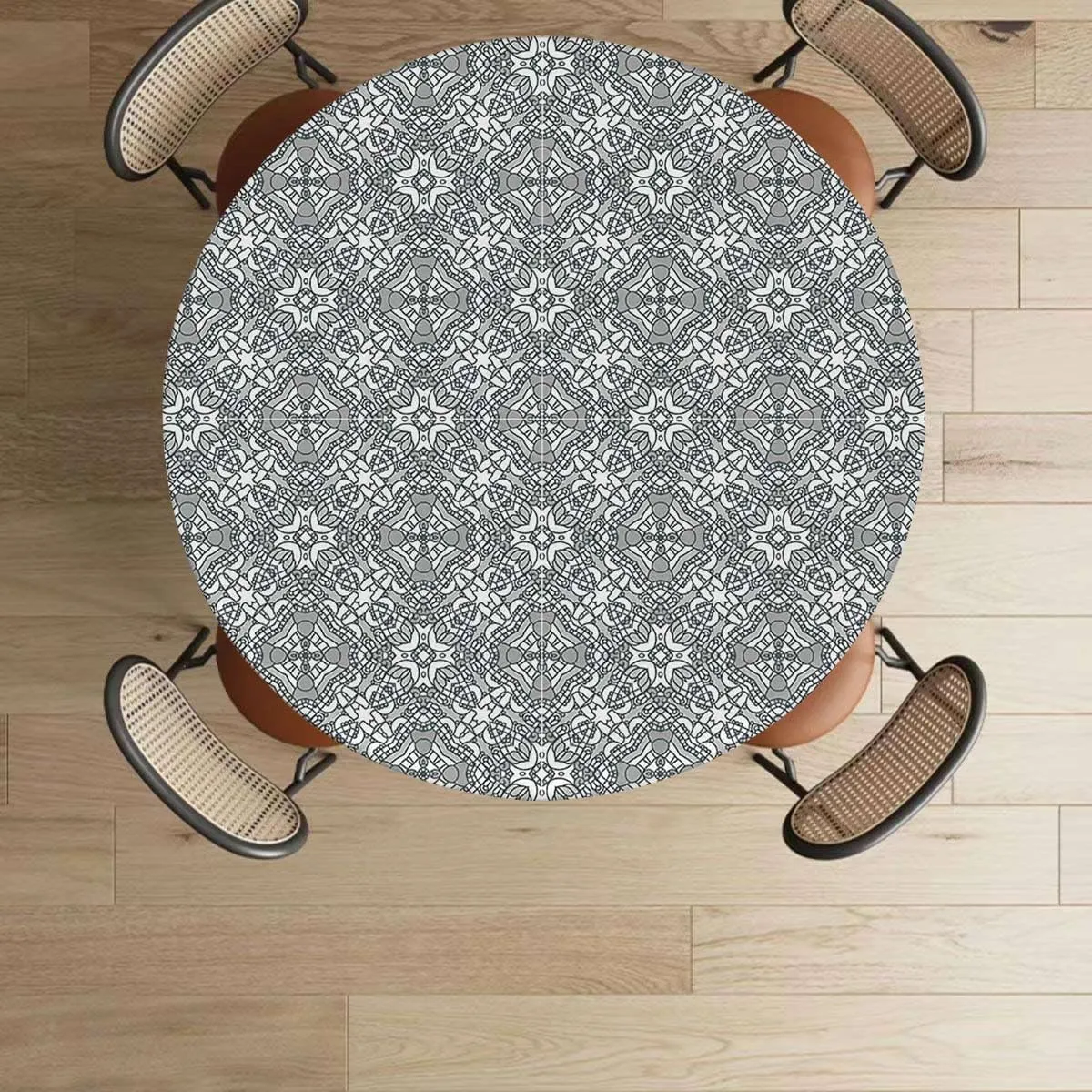 Grey Black Fitted Tablecloth for Round Table Flower Effect and Leaves Antique Design Elastic Edge, Waterproof and wipeable Floral Fits up 40"-44" Diameter Tables