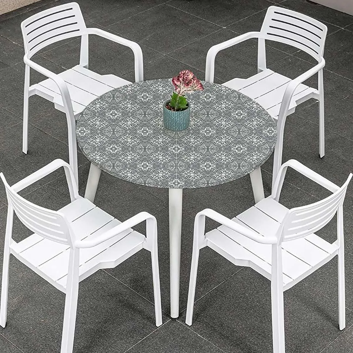Grey Black Fitted Tablecloth for Round Table Flower Effect and Leaves Antique Design Elastic Edge, Waterproof and wipeable Floral Fits up 40"-44" Diameter Tables