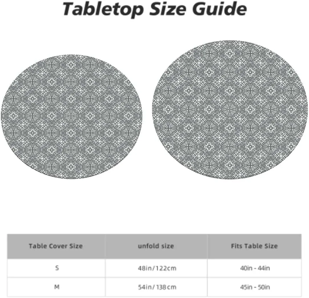 Grey Black Fitted Tablecloth for Round Table Flower Effect and Leaves Antique Design Elastic Edge, Waterproof and wipeable Floral Fits up 40"-44" Diameter Tables